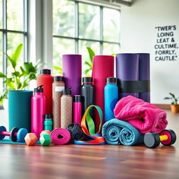 A vibrant display of fitness and wellness gear, including colorful yoga mats, stylish water bottles, resistance bands, dumbbells, and gym towels arranged aesthetically