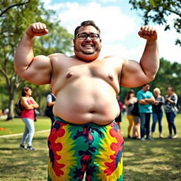 A humorous and energetic scene featuring a chubby man who surprisingly has a defined six-pack