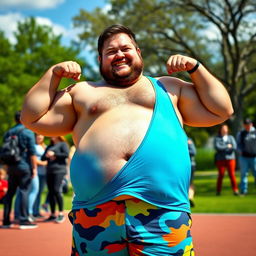 A humorous and energetic scene featuring a chubby man who surprisingly has a defined six-pack