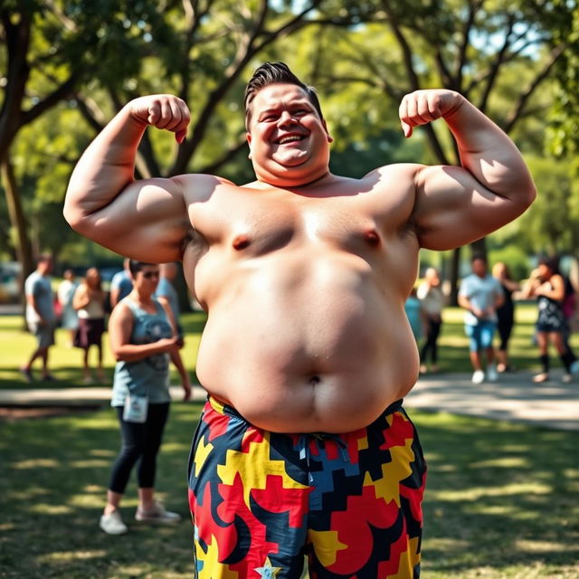 A humorous and energetic scene featuring a chubby man who surprisingly has a defined six-pack