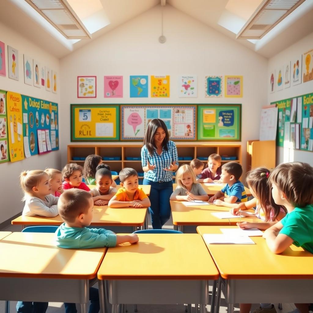 A bright and colorful classroom filled with engaging educational posters on the walls