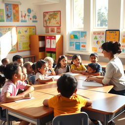 A bright and colorful classroom filled with engaging educational posters on the walls
