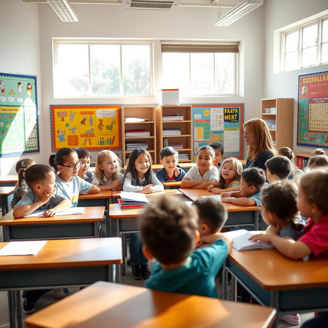 A bright and colorful classroom filled with engaging educational posters on the walls