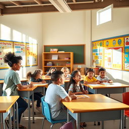 A bright and colorful classroom filled with engaging educational posters on the walls