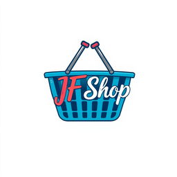 A creative logo design featuring the text 'JF Shop' prominently displayed inside a small, stylish shopping basket