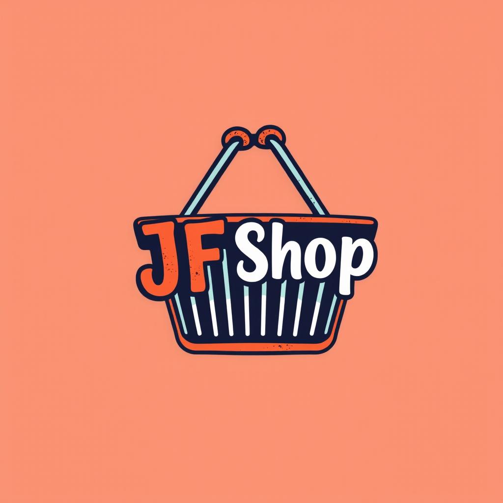 A creative logo design featuring the text 'JF Shop' prominently displayed inside a small, stylish shopping basket