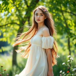 A serene portrait of a young woman standing gracefully in a peaceful natural setting