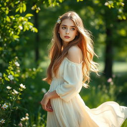 A serene portrait of a young woman standing gracefully in a peaceful natural setting