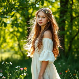 A serene portrait of a young woman standing gracefully in a peaceful natural setting