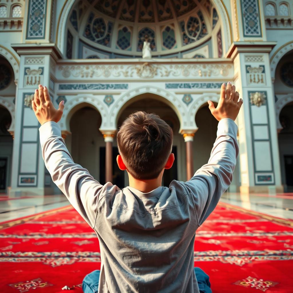 A teenage boy facing an Islamic mosque during the day, praying with his hands raised to the sky