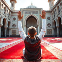 A teenage boy facing an Islamic mosque during the day, praying with his hands raised to the sky