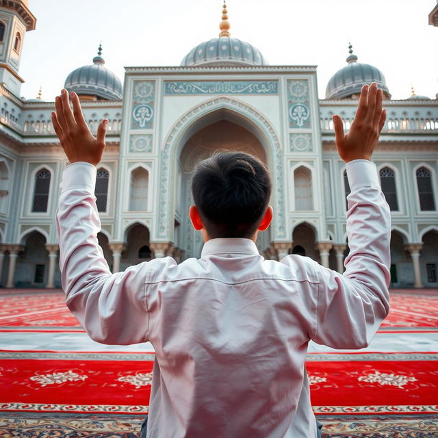 A teenage boy facing an Islamic mosque during the day, praying with his hands raised to the sky