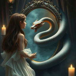 A mystical scene featuring a beautiful girl gazing into a mirror, where a Naga (a majestic serpentine creature) is emerging from the mirror