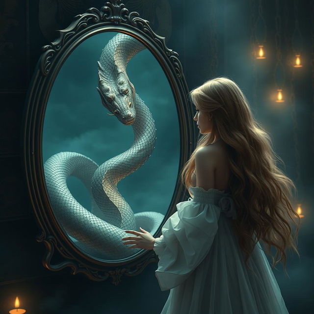 A mystical scene featuring a beautiful girl gazing into a mirror, where a Naga (a majestic serpentine creature) is emerging from the mirror