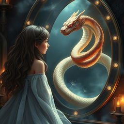 A mystical scene featuring a beautiful girl gazing into a mirror, where a Naga (a majestic serpentine creature) is emerging from the mirror