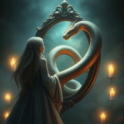 A mystical scene featuring a beautiful girl gazing into a mirror, where a Naga (a majestic serpentine creature) is emerging from the mirror