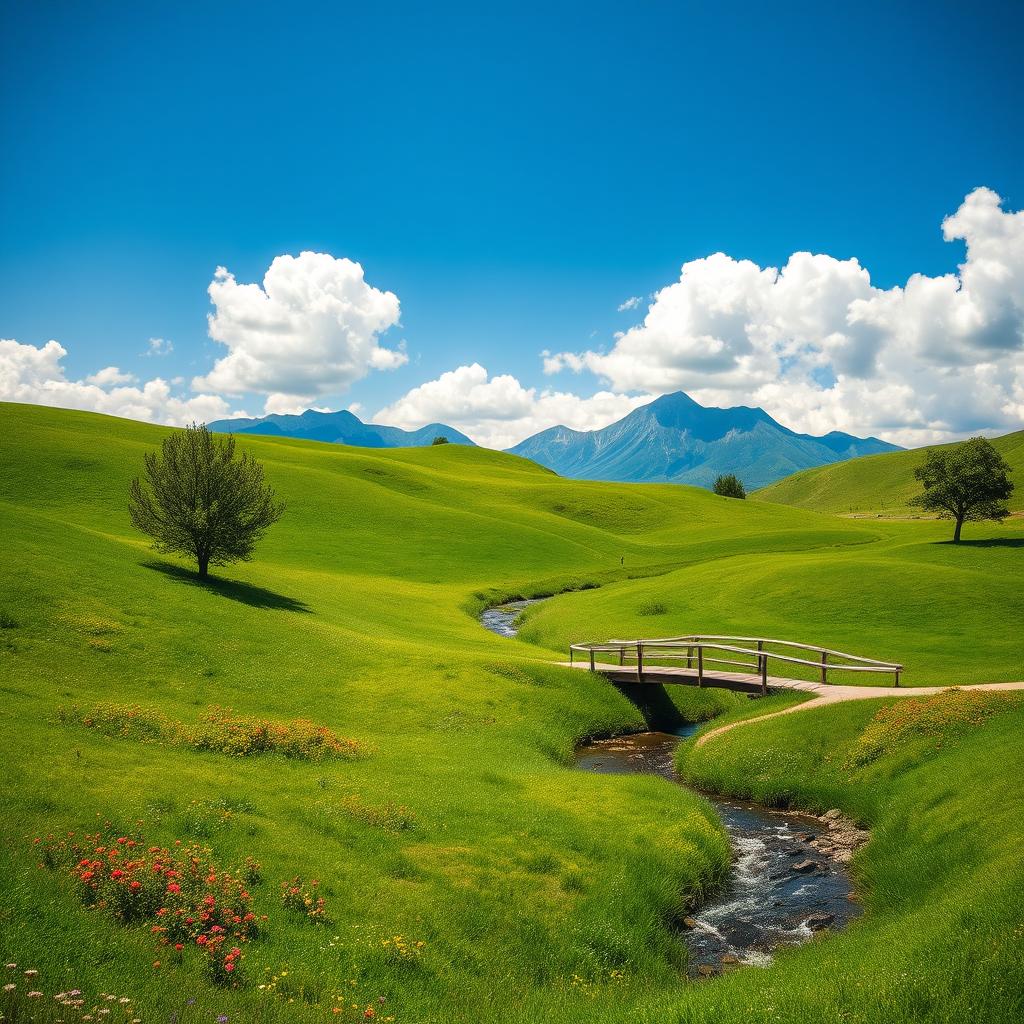 A serene and picturesque landscape featuring rolling green hills under a bright blue sky