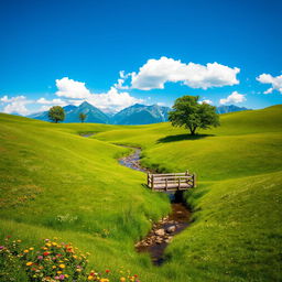 A serene and picturesque landscape featuring rolling green hills under a bright blue sky