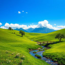 A serene and picturesque landscape featuring rolling green hills under a bright blue sky