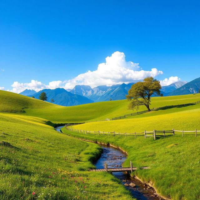 A serene and picturesque landscape featuring rolling green hills under a bright blue sky