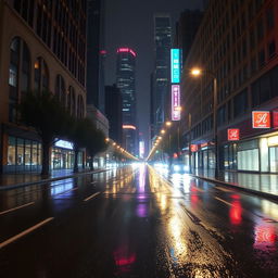 A serene cityscape at night during rain, featuring empty streets glistening under the soft glow of streetlights and neon signs
