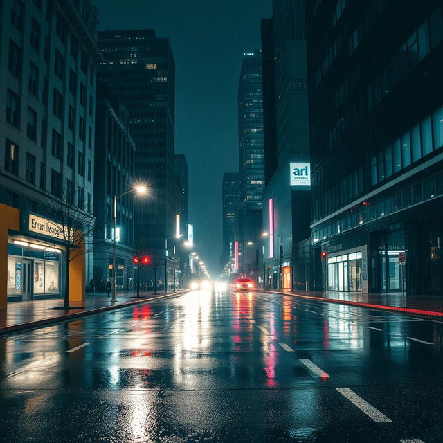 A serene cityscape at night during rain, featuring empty streets glistening under the soft glow of streetlights and neon signs