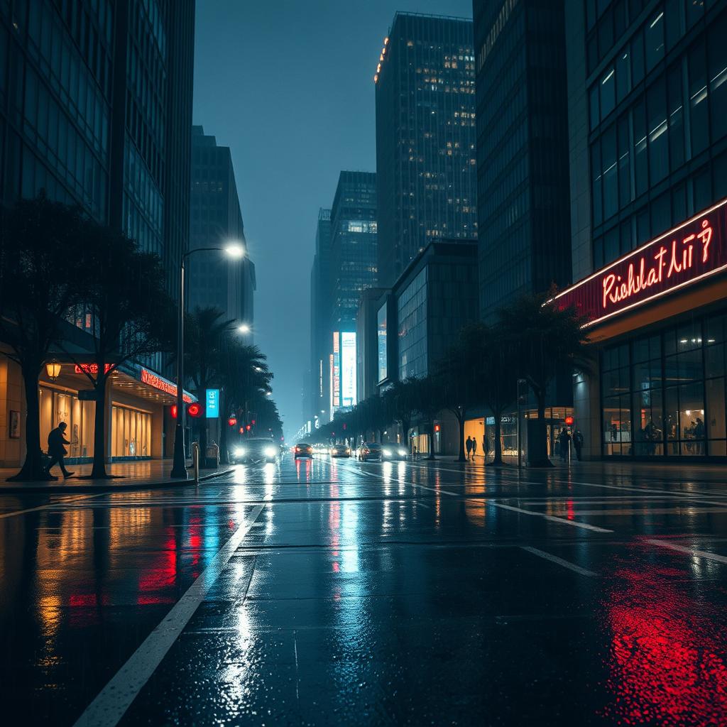 A serene cityscape at night during rain, featuring empty streets glistening under the soft glow of streetlights and neon signs