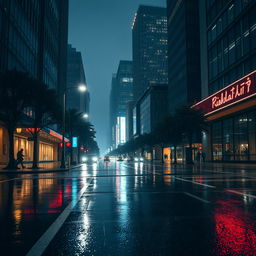 A serene cityscape at night during rain, featuring empty streets glistening under the soft glow of streetlights and neon signs