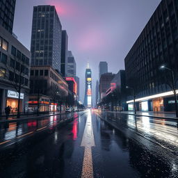 A serene cityscape at night during rain, featuring empty streets glistening under the soft glow of streetlights and neon signs