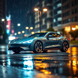A sleek, modern car glistening under the streetlights on a rainy night