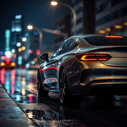 A sleek, modern car glistening under the streetlights on a rainy night