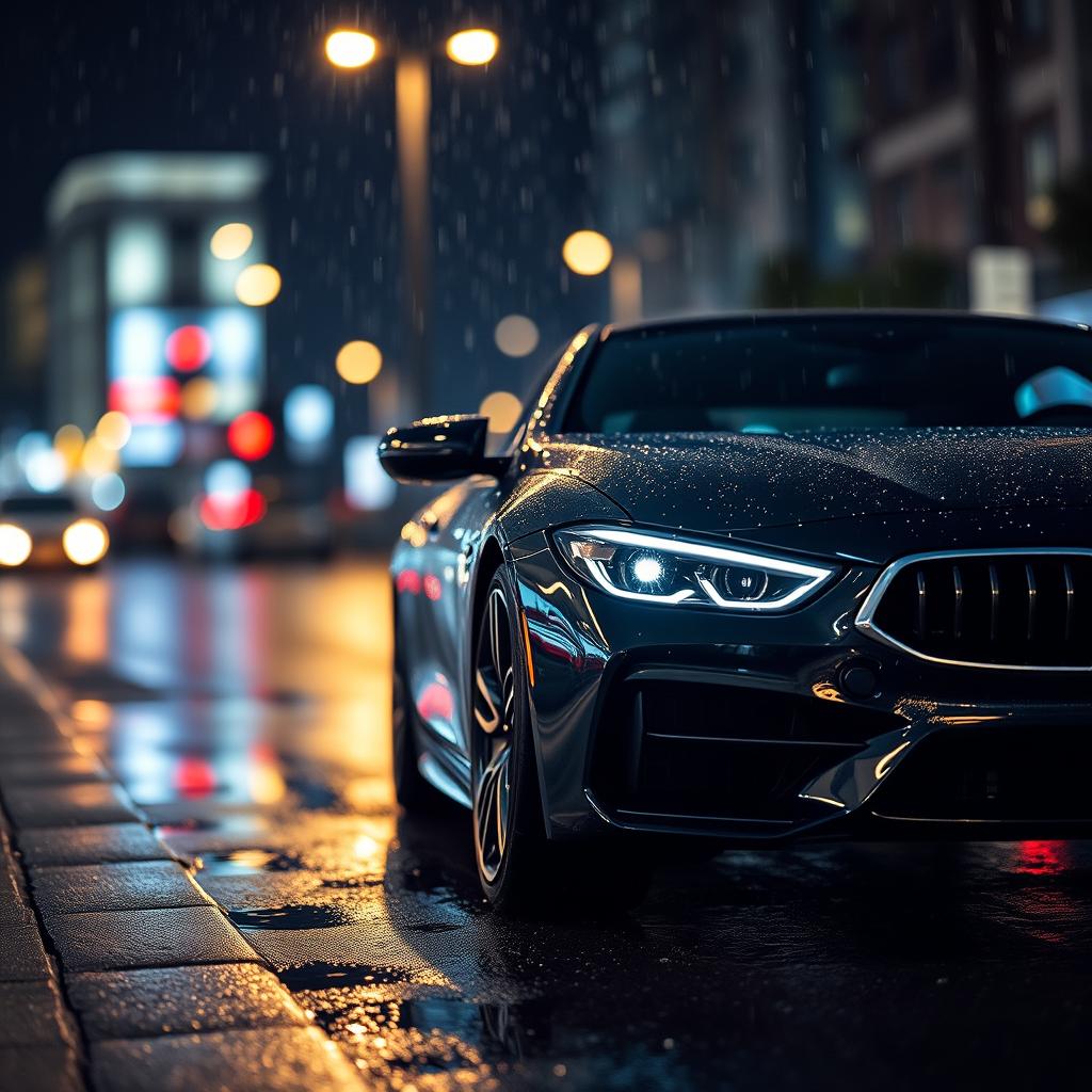 A sleek, modern car glistening under the streetlights on a rainy night