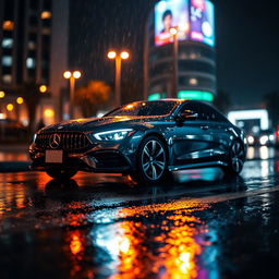 A sleek, modern car glistening under the streetlights on a rainy night