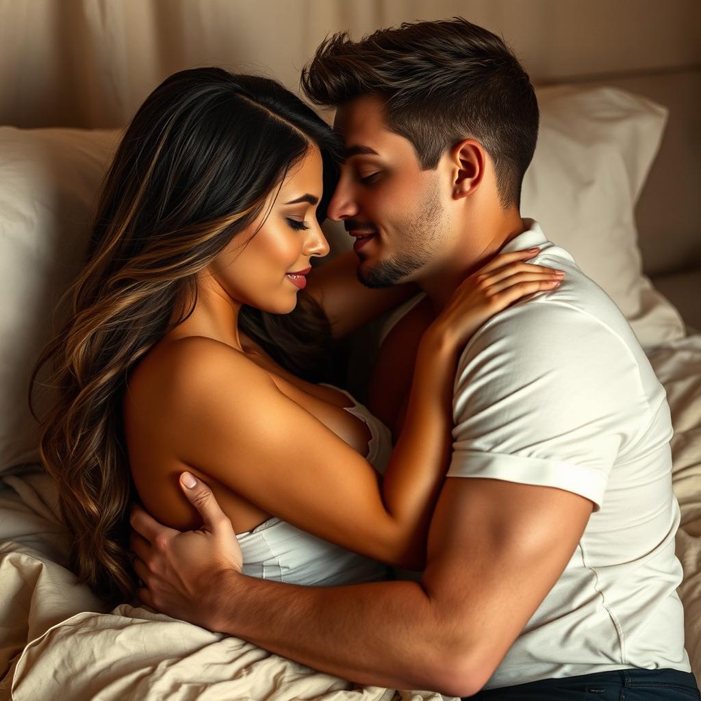 A sensual and intimate scene depicting a couple in a romantic embrace, enjoying a cozy moment together in a softly lit bedroom filled with warm colors and inviting textures