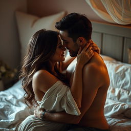 A sensual and intimate scene depicting a couple in a romantic embrace, enjoying a cozy moment together in a softly lit bedroom filled with warm colors and inviting textures