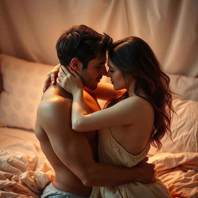 A sensual and intimate scene depicting a couple in a romantic embrace, enjoying a cozy moment together in a softly lit bedroom filled with warm colors and inviting textures