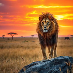A majestic lion with a flowing mane, showcasing its strength and confidence, standing proudly on a rocky outcrop in a vast savanna landscape