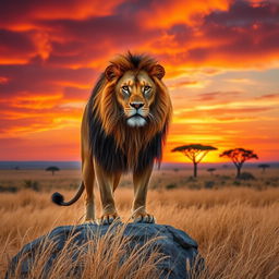 A majestic lion with a flowing mane, showcasing its strength and confidence, standing proudly on a rocky outcrop in a vast savanna landscape