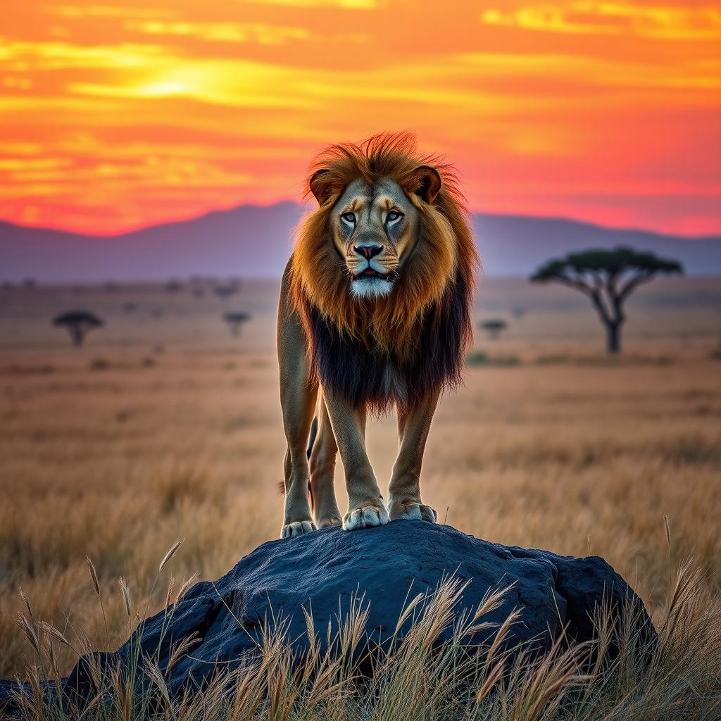 A majestic lion with a flowing mane, showcasing its strength and confidence, standing proudly on a rocky outcrop in a vast savanna landscape