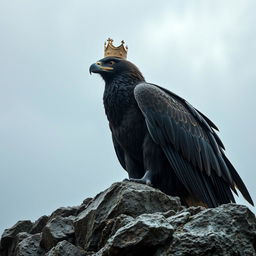 A massive, fearsome black eagle with a crown perched on a rocky cliff, looking fiercely into the distance