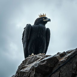 A massive, fearsome black eagle with a crown perched on a rocky cliff, looking fiercely into the distance