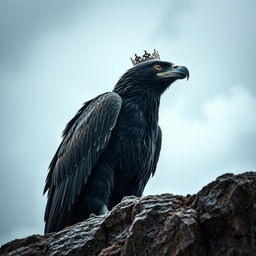A massive, fearsome black eagle with a crown perched on a rocky cliff, looking fiercely into the distance