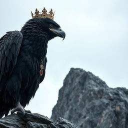 A massive, fearsome black eagle with a crown perched on a rocky cliff, looking fiercely into the distance