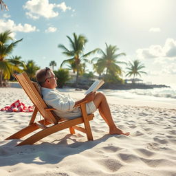 A serene beach scene with a person comfortably seated on a wooden chair, engrossed in reading a book