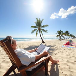 A serene beach scene with a person comfortably seated on a wooden chair, engrossed in reading a book