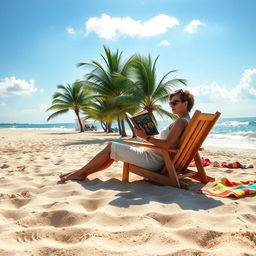 A serene beach scene with a person comfortably seated on a wooden chair, engrossed in reading a book