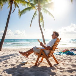 A serene beach scene with a person comfortably seated on a wooden chair, engrossed in reading a book