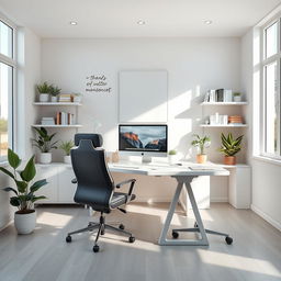 A stunning and aesthetically pleasing professional workspace, featuring a sleek modern desk, a high-end computer setup with multiple monitors, a stylish ergonomic chair, and a minimalistic design