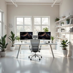 A stunning and aesthetically pleasing professional workspace, featuring a sleek modern desk, a high-end computer setup with multiple monitors, a stylish ergonomic chair, and a minimalistic design