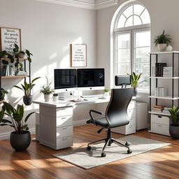 A stunning and aesthetically pleasing professional workspace, featuring a sleek modern desk, a high-end computer setup with multiple monitors, a stylish ergonomic chair, and a minimalistic design